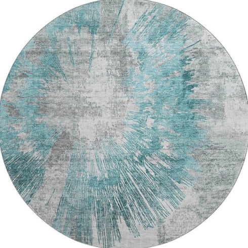 8' Teal Ivory And Gray Abstract Washable Round Rug With UV Protection