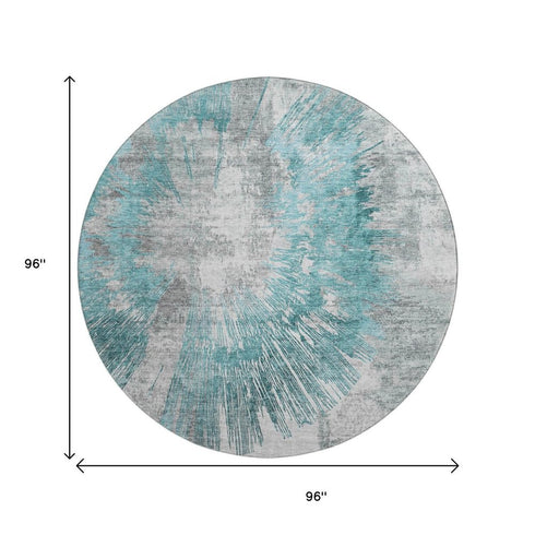 8' Teal Ivory And Gray Abstract Washable Round Rug With UV Protection