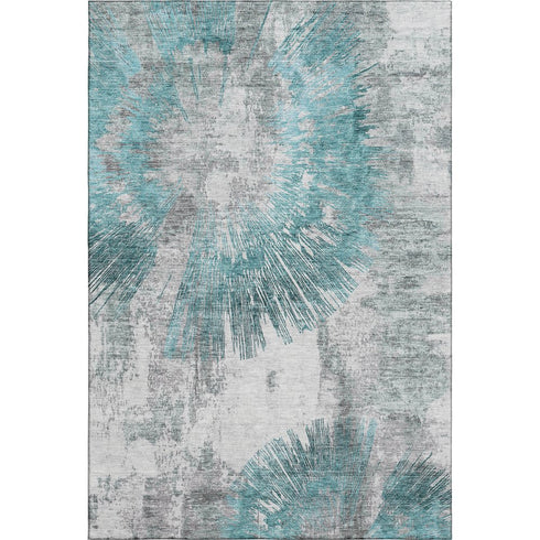 8' X 10' Teal Ivory And Gray Abstract Washable Area Rug With UV Protection