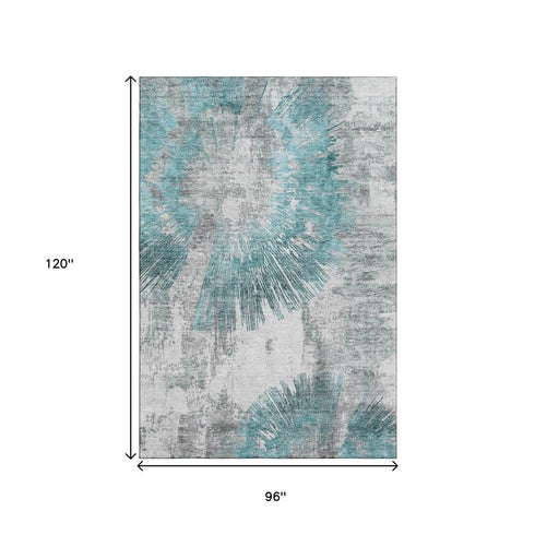 8' X 10' Teal Ivory And Gray Abstract Washable Area Rug With UV Protection