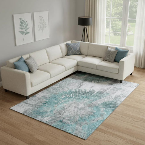 8' X 10' Teal Ivory And Gray Abstract Washable Area Rug With UV Protection