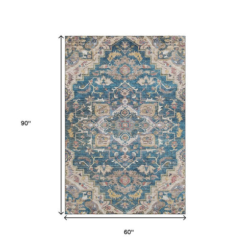 5' X 8' Blue Gold And Rust Floral Medallion Washable Area Rug With UV Protection