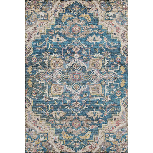 5' X 8' Blue Gold And Rust Floral Medallion Washable Area Rug With UV Protection
