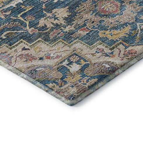5' X 8' Blue Gold And Rust Floral Medallion Washable Area Rug With UV Protection