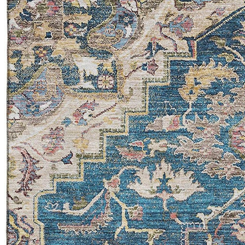 5' X 8' Blue Gold And Rust Floral Medallion Washable Area Rug With UV Protection