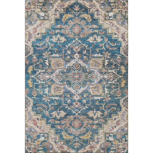 5' X 8' Blue Gold And Rust Floral Medallion Washable Area Rug With UV Protection