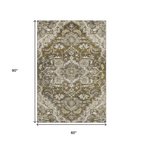 5' X 8' Brown Ivory And Taupe Floral Medallion Washable Area Rug With UV Protection