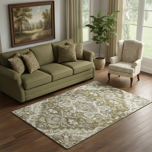 5' X 8' Brown Ivory And Taupe Floral Medallion Washable Area Rug With UV Protection