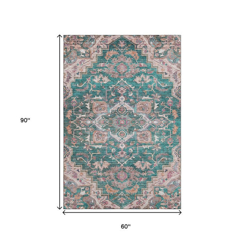 5' X 8' Emerald Beige And Teal Floral Medallion Washable Area Rug With UV Protection