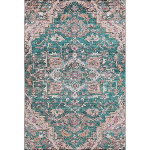 5' X 8' Emerald Beige And Teal Floral Medallion Washable Area Rug With UV Protection