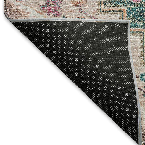 5' X 8' Emerald Beige And Teal Floral Medallion Washable Area Rug With UV Protection