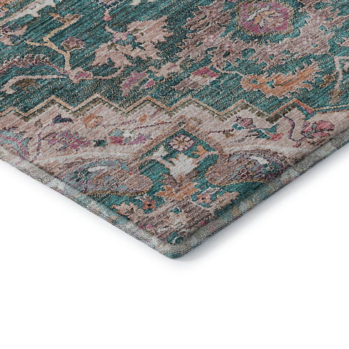 5' X 8' Emerald Beige And Teal Floral Medallion Washable Area Rug With UV Protection