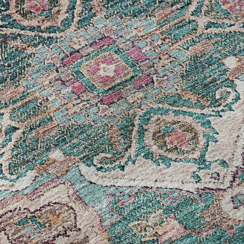 5' X 8' Emerald Beige And Teal Floral Medallion Washable Area Rug With UV Protection