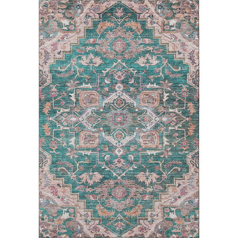 5' X 8' Emerald Beige And Teal Floral Medallion Washable Area Rug With UV Protection