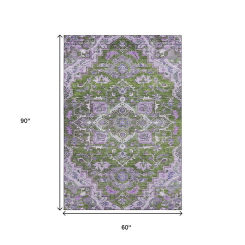 5' X 8' Olive Green Purple And Gray Floral Medallion Washable Area Rug With UV Protection