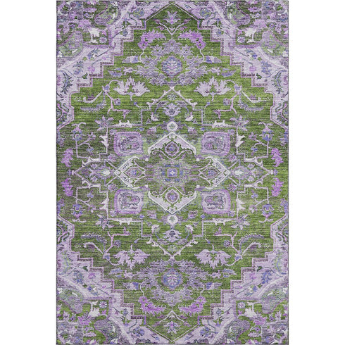 5' X 8' Olive Green Purple And Gray Floral Medallion Washable Area Rug With UV Protection