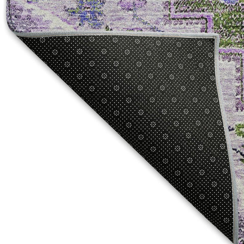 5' X 8' Olive Green Purple And Gray Floral Medallion Washable Area Rug With UV Protection