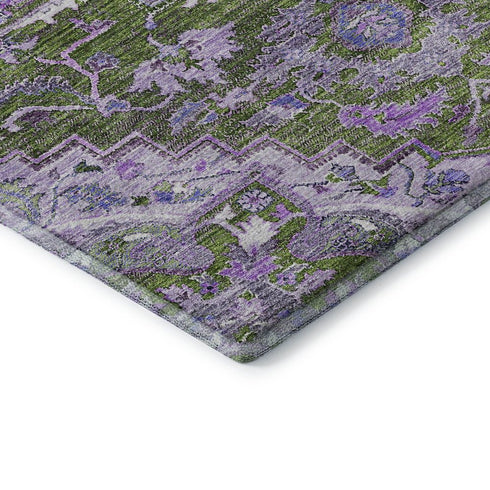 5' X 8' Olive Green Purple And Gray Floral Medallion Washable Area Rug With UV Protection