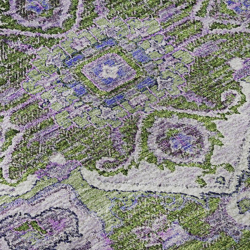 5' X 8' Olive Green Purple And Gray Floral Medallion Washable Area Rug With UV Protection