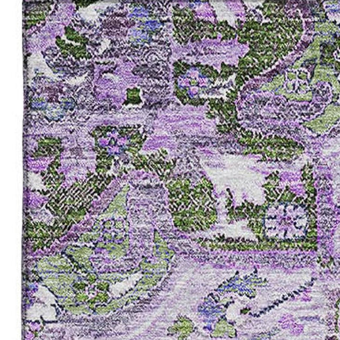 5' X 8' Olive Green Purple And Gray Floral Medallion Washable Area Rug With UV Protection