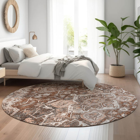 8' Terra Cotta Beige And Gray Floral Medallion Washable Round Rug With UV Protection