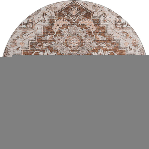 8' Terra Cotta Beige And Gray Floral Medallion Washable Round Rug With UV Protection