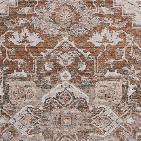8' Terra Cotta Beige And Gray Floral Medallion Washable Round Rug With UV Protection