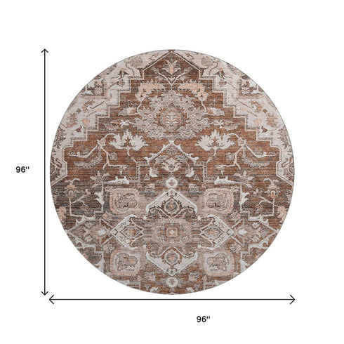 8' Terra Cotta Beige And Gray Floral Medallion Washable Round Rug With UV Protection
