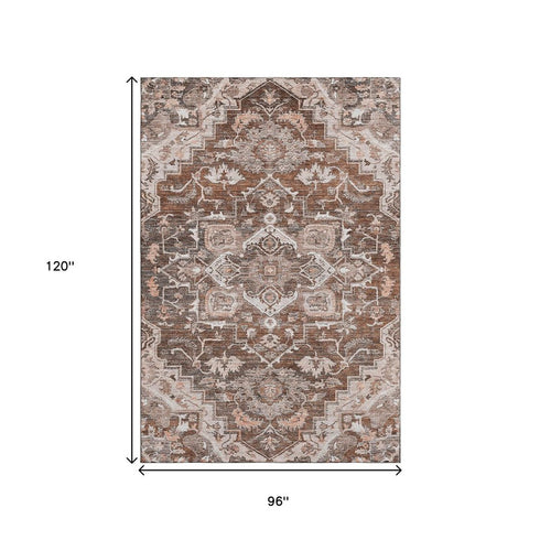 8' X 10' Terra Cotta Beige And Gray Floral Medallion Washable Area Rug With UV Protection