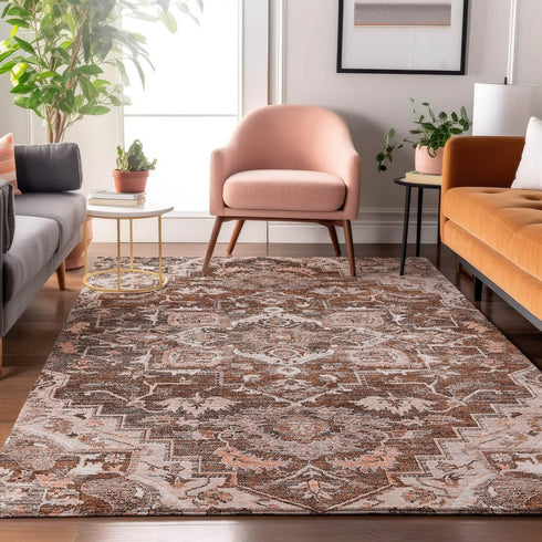 8' X 10' Terra Cotta Beige And Gray Floral Medallion Washable Area Rug With UV Protection