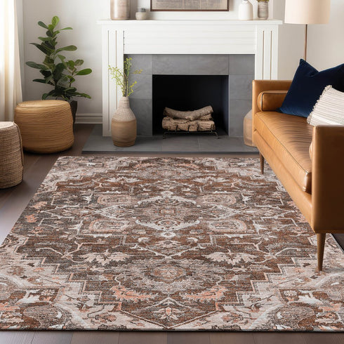 8' X 10' Terra Cotta Beige And Gray Floral Medallion Washable Area Rug With UV Protection