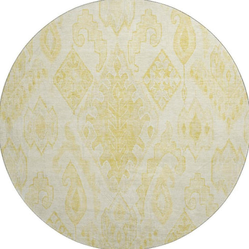 8' Gold And Ivory Moroccan Washable Round Rug With UV Protection
