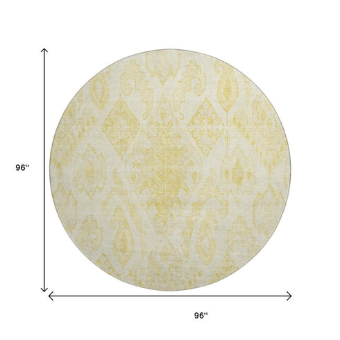 8' Gold And Ivory Moroccan Washable Round Rug With UV Protection
