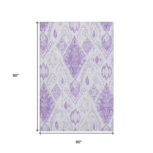 5' X 8' Purple And Ivory Moroccan Washable Area Rug With UV Protection