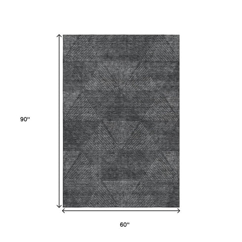 5' X 8' Charcoal And Silver Geometric Washable Area Rug With UV Protection