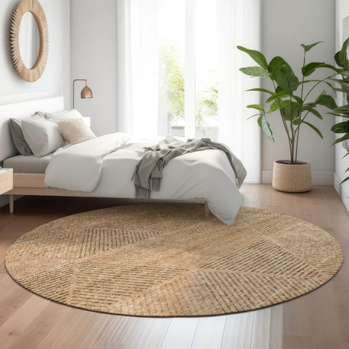 8' Copper And Brown Geometric Washable Round Rug With UV Protection