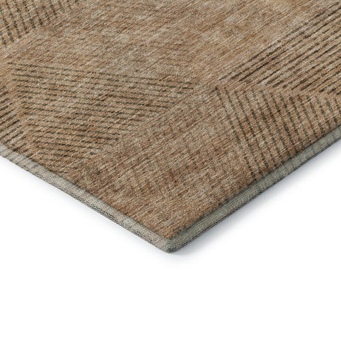 8' Copper And Brown Geometric Washable Round Rug With UV Protection