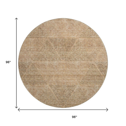 8' Copper And Brown Geometric Washable Round Rug With UV Protection