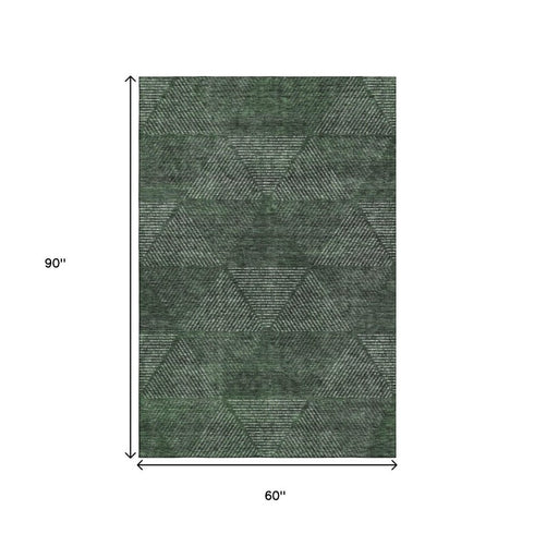 5' X 8' Fern Green And Emerald Geometric Washable Area Rug With UV Protection