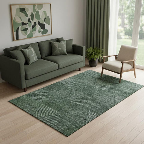 5' X 8' Fern Green And Emerald Geometric Washable Area Rug With UV Protection