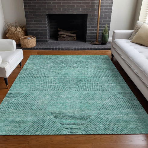 9' X 12' Teal And Gray Geometric Washable Area Rug With UV Protection