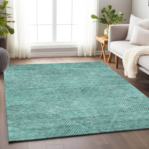 9' X 12' Teal And Gray Geometric Washable Area Rug With UV Protection