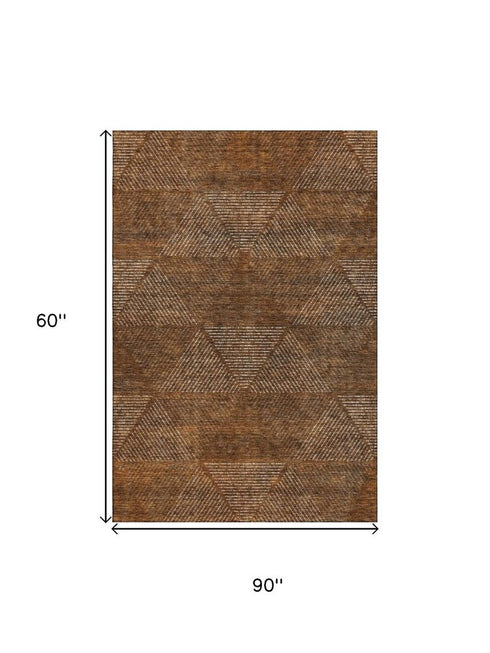 5' X 8' Terra Cotta Beige And Gray Geometric Washable Area Rug With UV Protection
