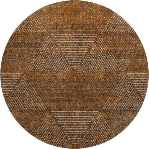 8' Terra Cotta Beige And Gray Geometric Washable Round Rug With UV Protection