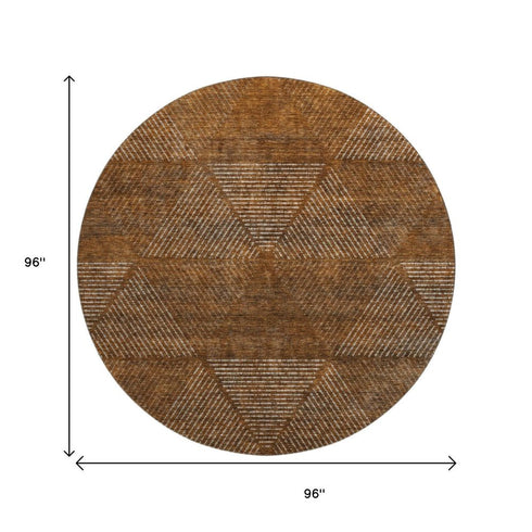 8' Terra Cotta Beige And Gray Geometric Washable Round Rug With UV Protection