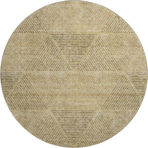 8' Wheat And Beige Geometric Washable Round Rug With UV Protection