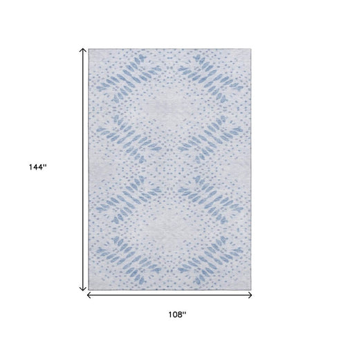 9' X 12' Blue And Ivory Floral Washable Area Rug With UV Protection