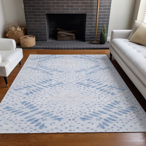9' X 12' Blue And Ivory Floral Washable Area Rug With UV Protection