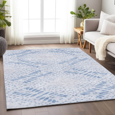 9' X 12' Blue And Ivory Floral Washable Area Rug With UV Protection