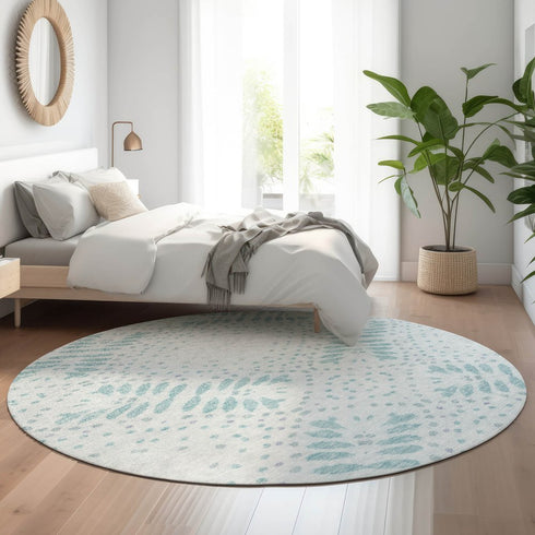 8' Teal And Ivory Floral Washable Round Rug With UV Protection